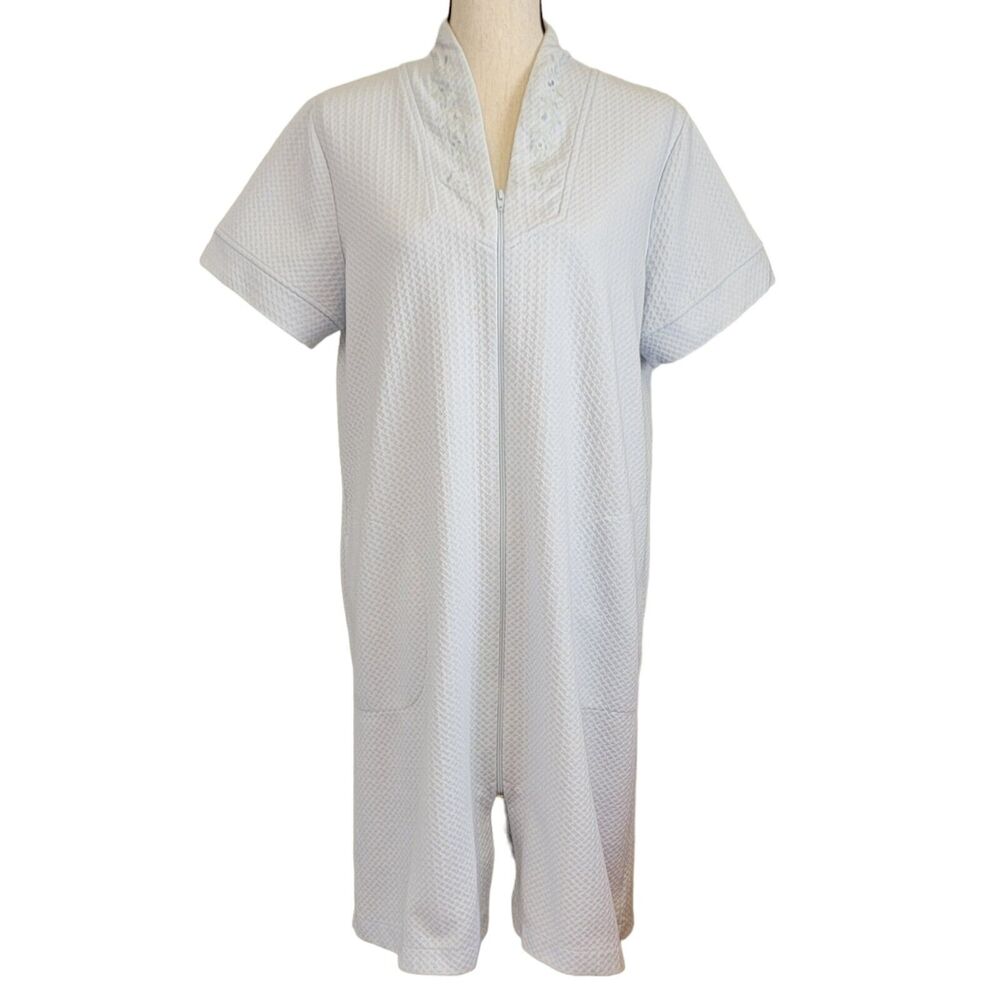 VTG 90s Miss Elaine House Dress Robe Womens Sz M Blue‎ Zip Front Floral Lounge